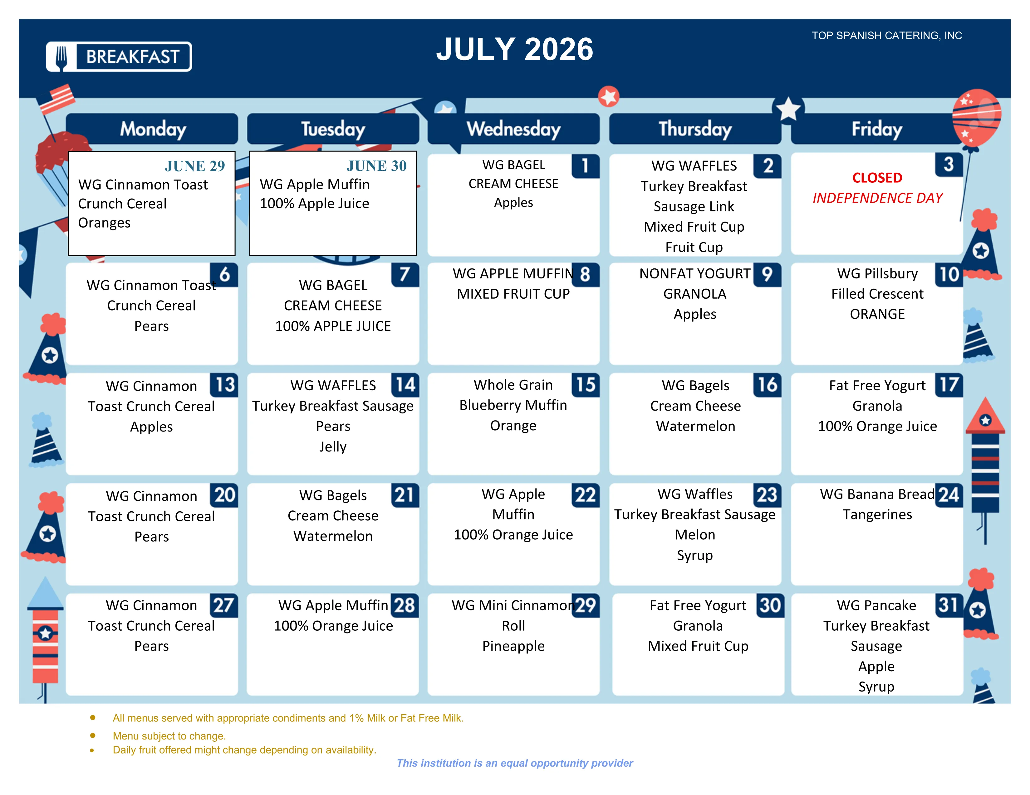 HU-MS² July 2026 breakfast menu