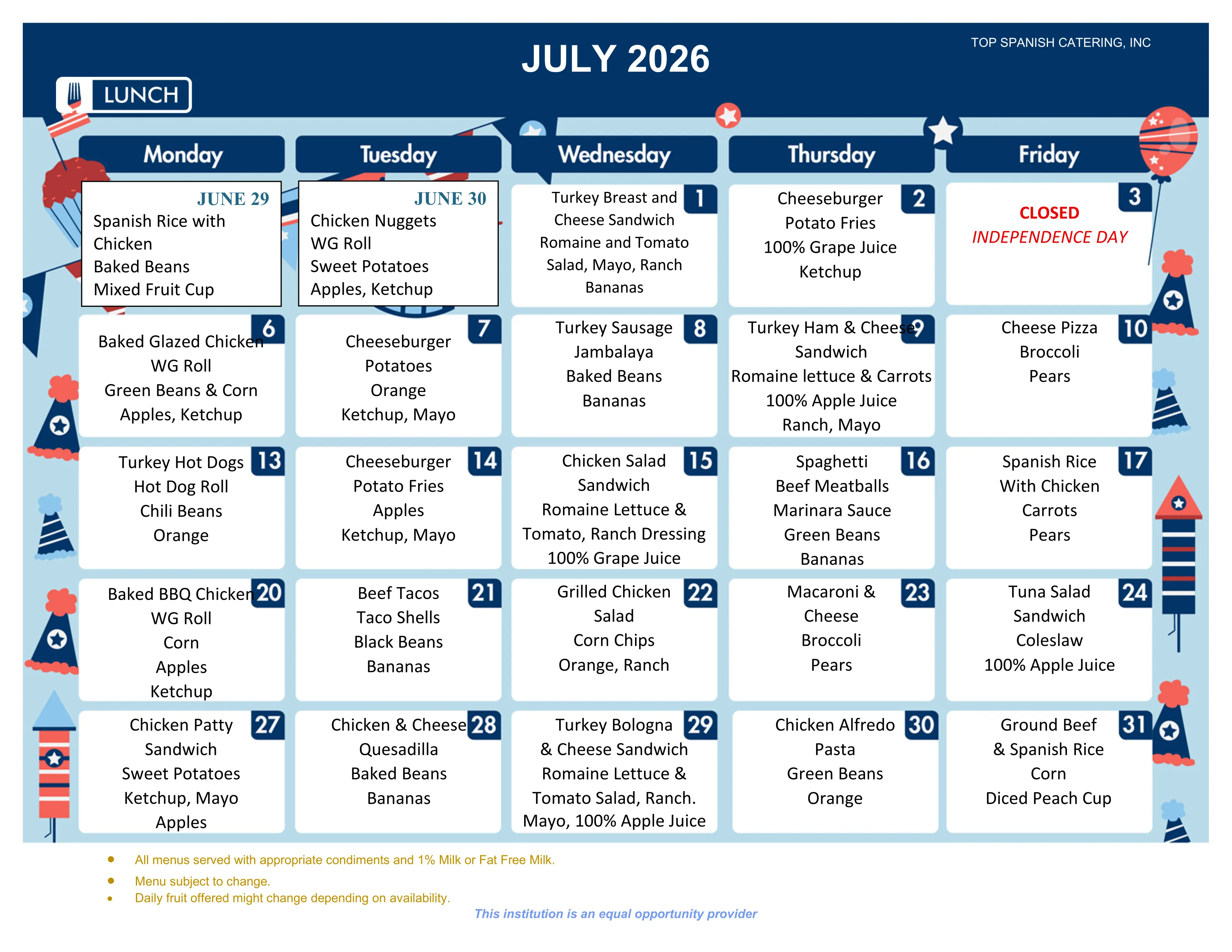 HU-MS² July 2026 lunch menu