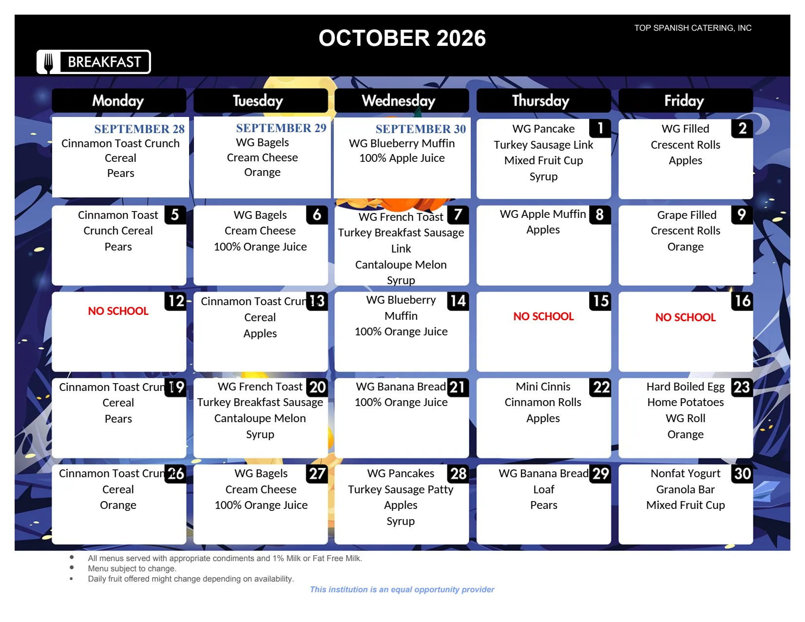 HU-MS² October 2026 breakfast menu