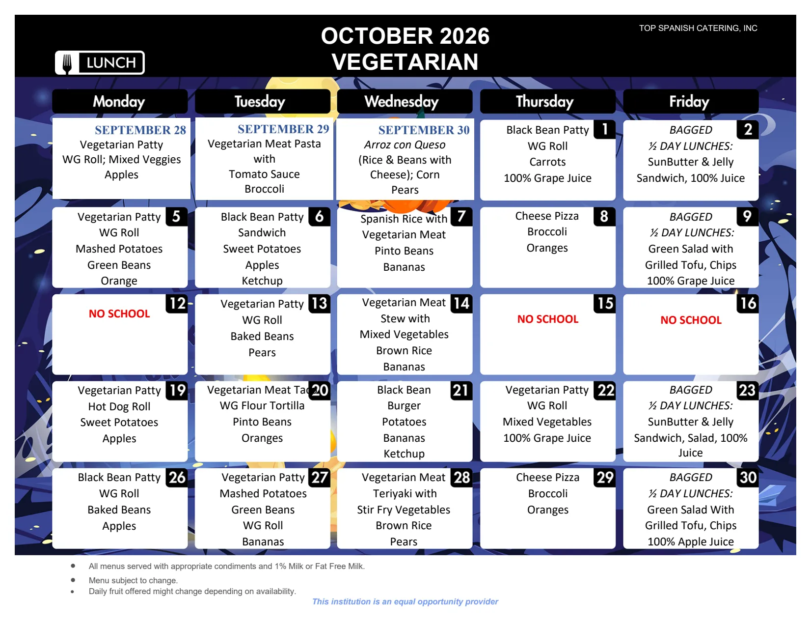 HU-MS² October 2026 vegetarian lunch menu