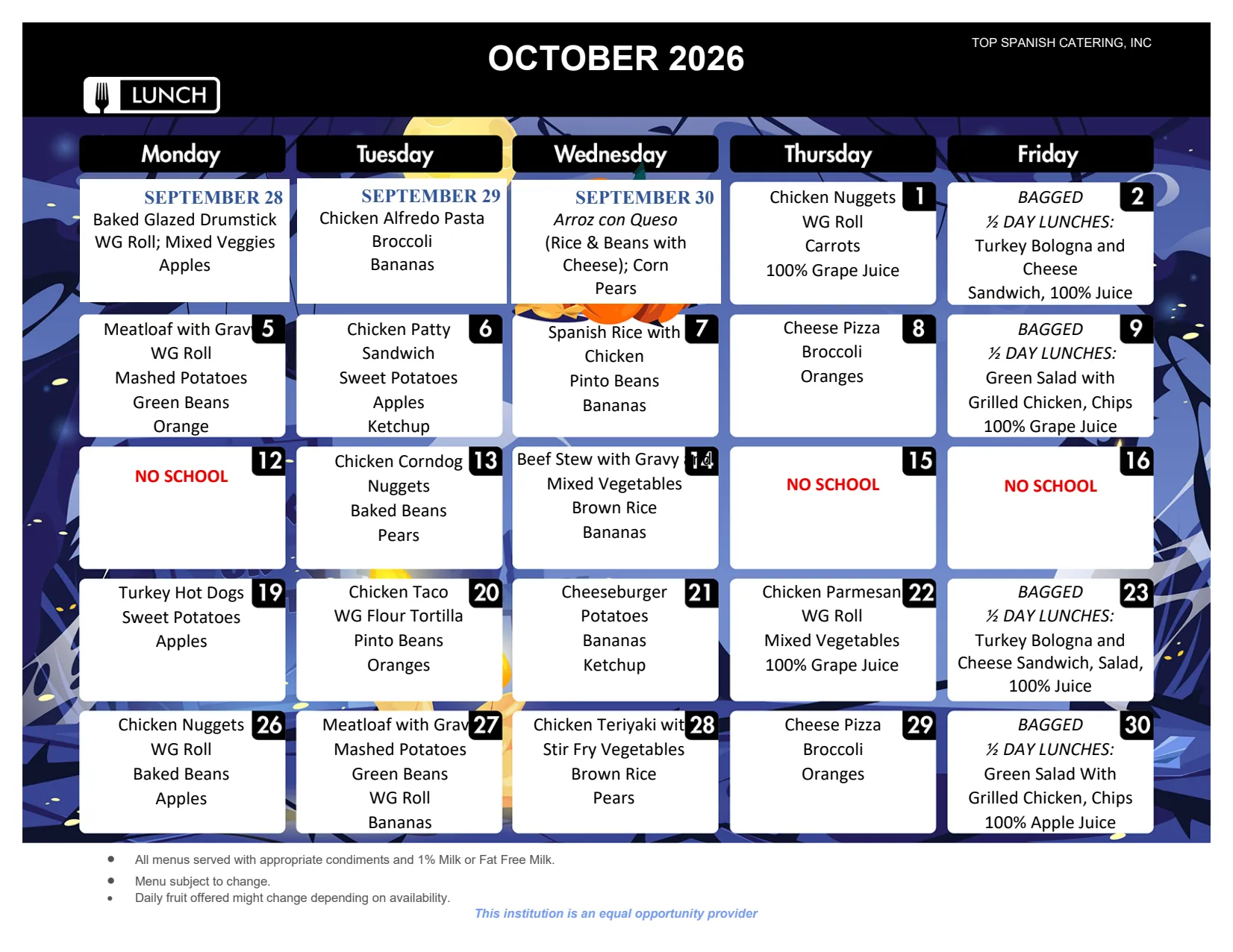 HU-MS² October 2026 lunch menu