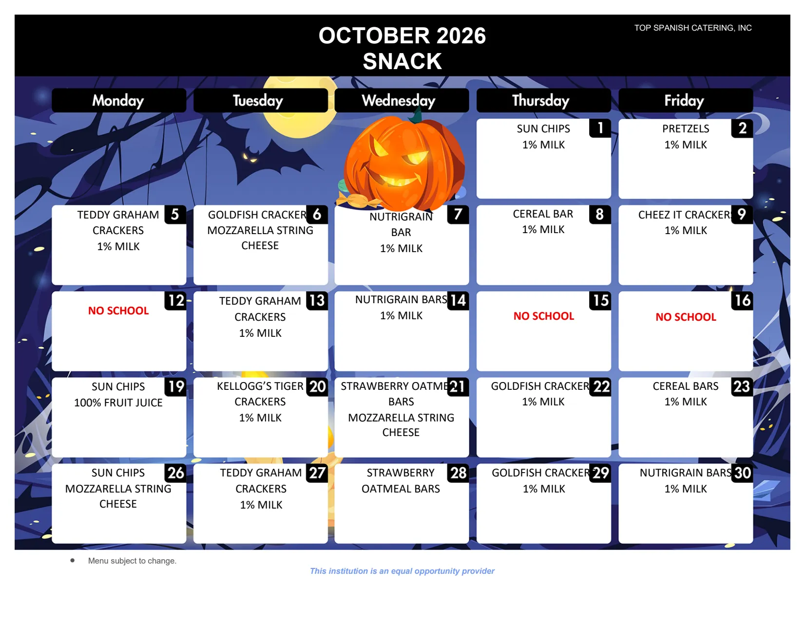 HU-MS² October 2026 snack menu
