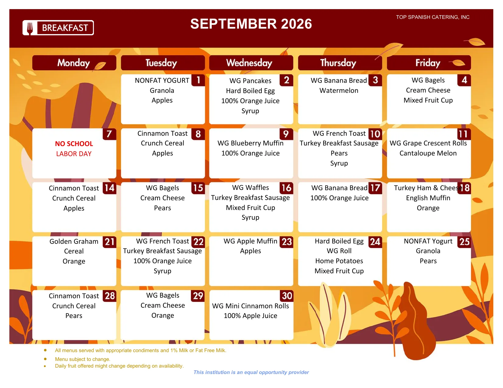 HU-MS² September 2026 breakfast menu