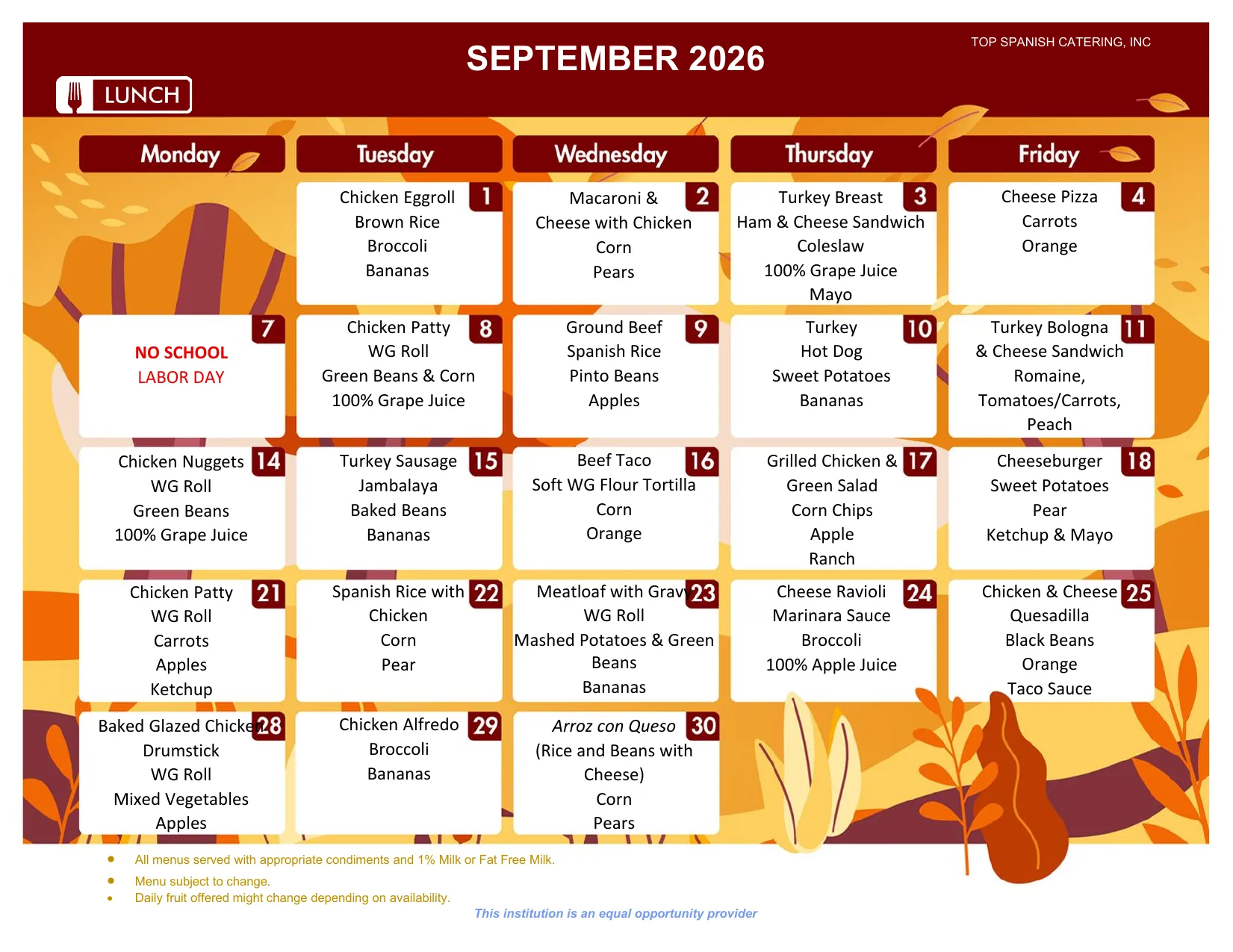 HU-MS² September 2026 lunch menu