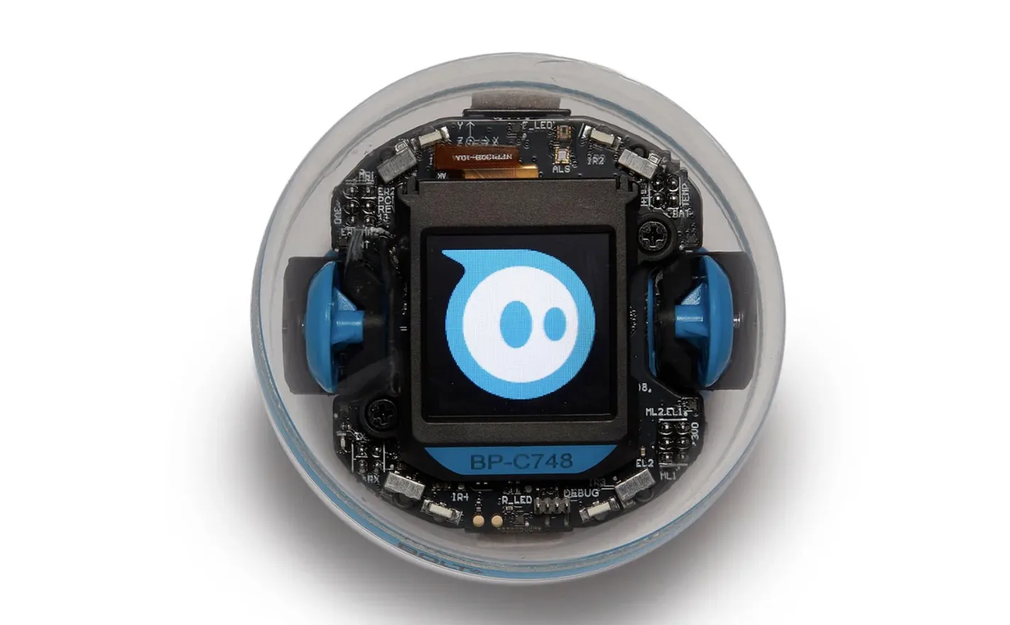 A Sphero robot, its clear shell showing the circuit board and drive wheels inside