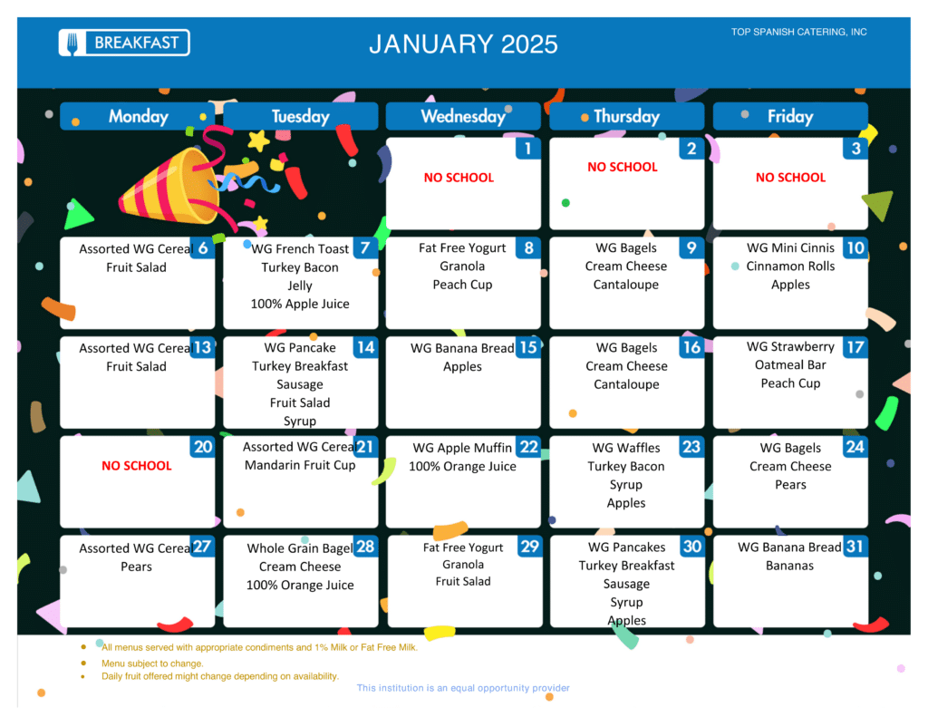 JANUARY 2025 - BREAKFAST MENU - HOWARD