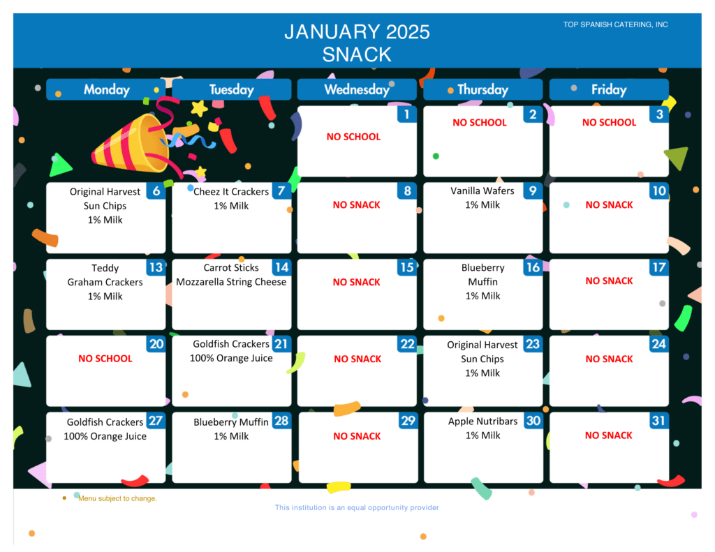 JANUARY 2025 - SNACK MENU - HOWARD