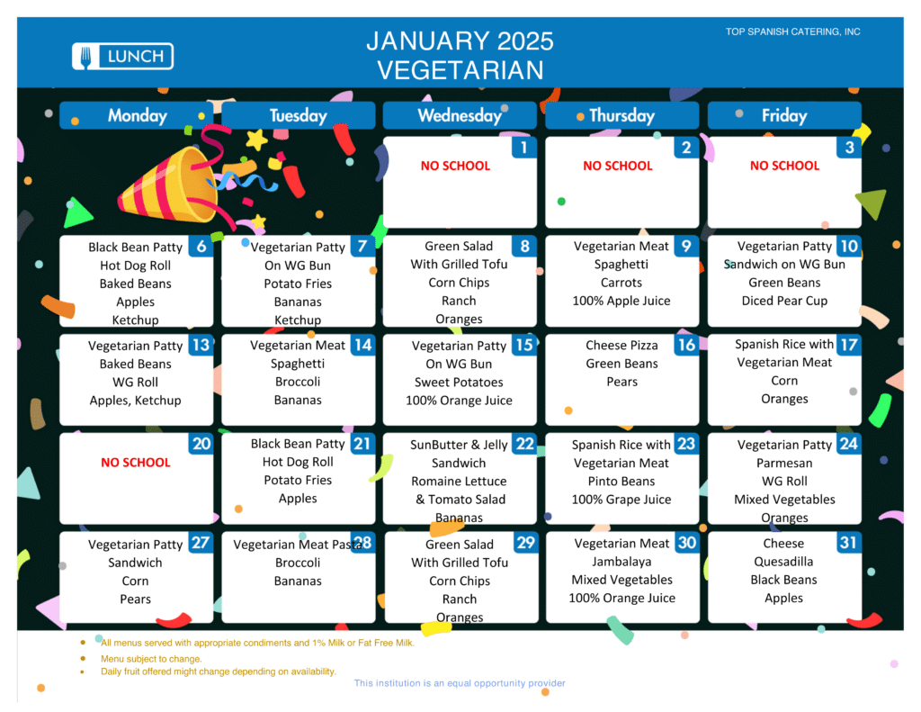 JANUARY 2025 - VEGETARIAN LUNCH MENU - HOWARD