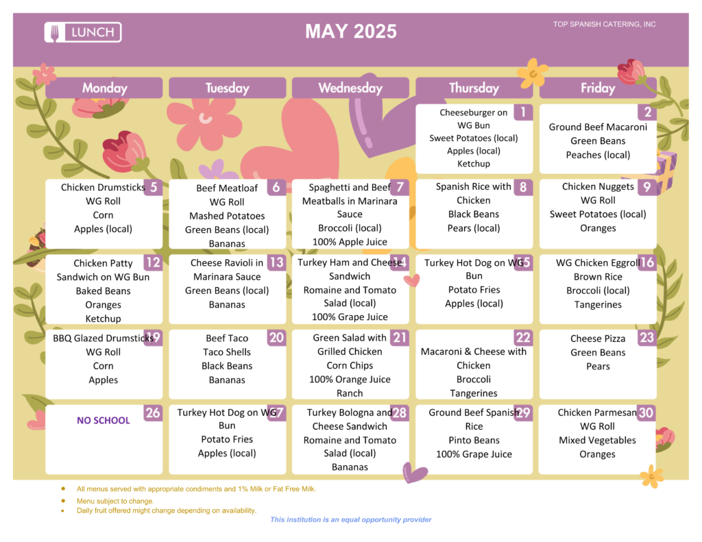 MAY 2025 - LUNCH MENU - HOWARD