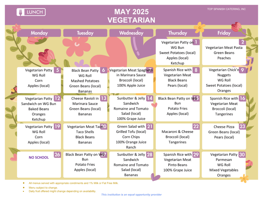 MAY 2025 - VEGETARIAN LUNCH MENU - HOWARD