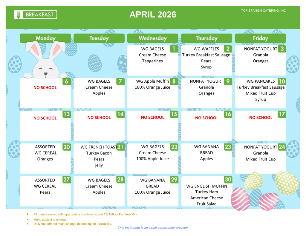 APRIL 2026 - BREAKFAST MENU - HOWARD