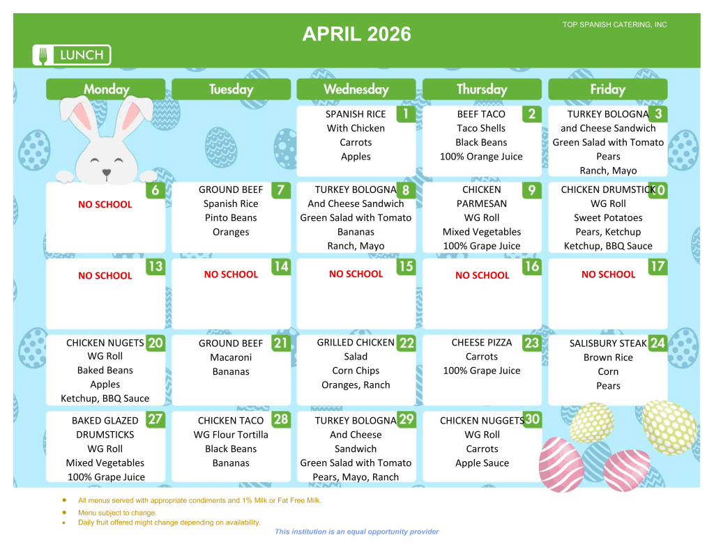 APRIL 2026 - LUNCH MENU - HOWARD