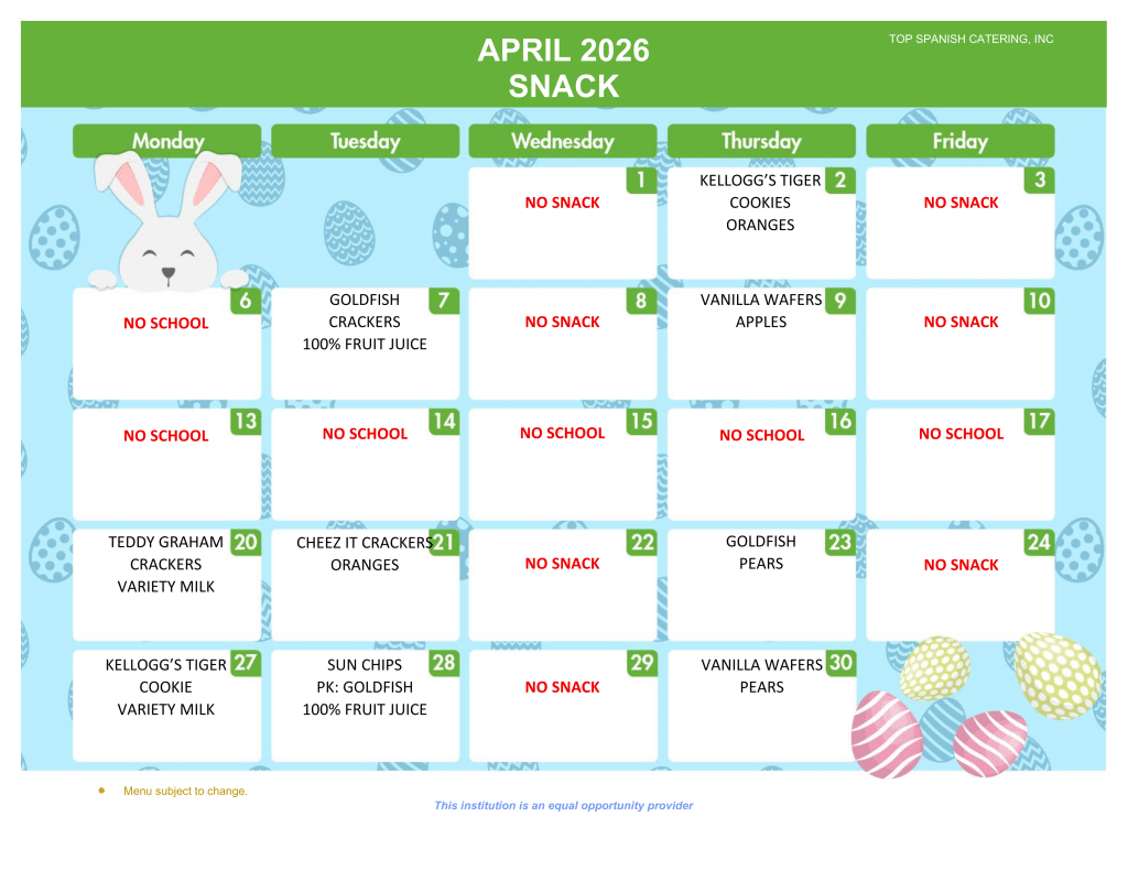 APRIL 2026 - SNACK MENU - HOWARD