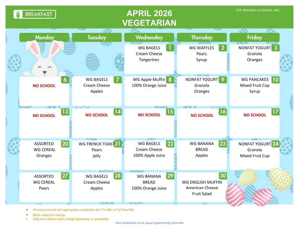 APRIL 2026 - VEGETARIAN BREAKFAST MENU - HOWARD