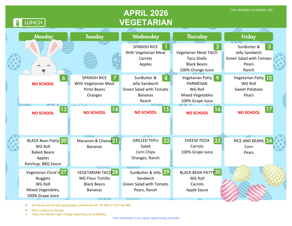 APRIL 2026 - VEGETARIAN LUNCH MENU - HOWARD