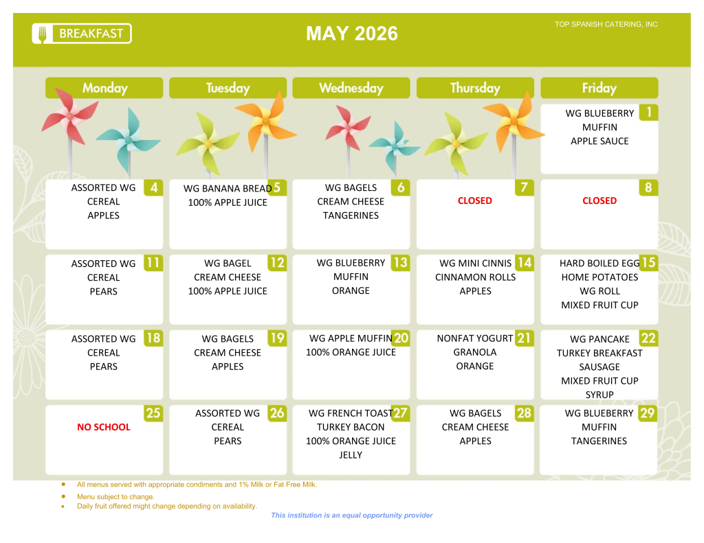 MAY 2026 - BREAKFAST MENU - HOWARD