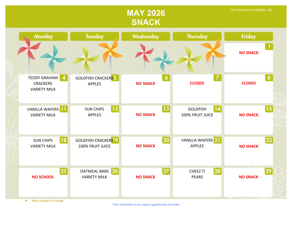 MAY 2026 - SNACK MENU - HOWARD
