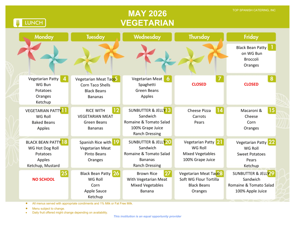 MAY 2026 - VEGETARIAN LUNCH MENU - HOWARD