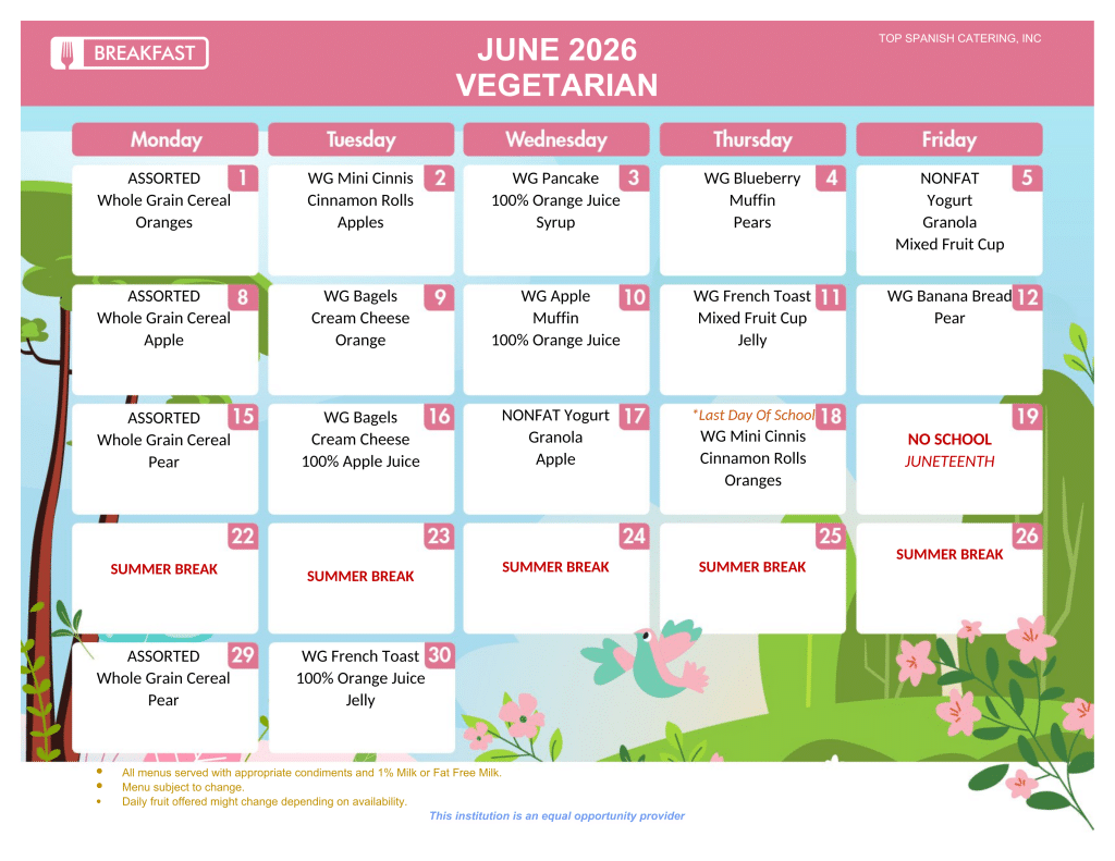 JUNE 2026 - BREAKFAST MENU - vegeterian